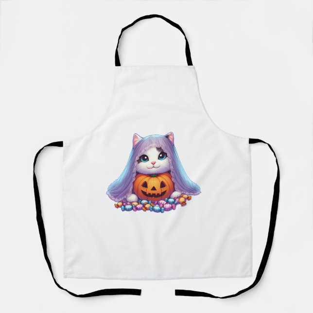 Halloween Cat with Pumpkin and Candy Long Sleeve T Apron (Front)