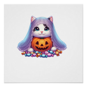 Halloween Cat with Pumpkin and Candy Long Sleeve T Poster