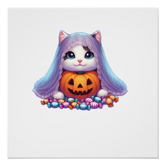 Halloween Cat with Pumpkin and Candy Long Sleeve T Poster (Front)