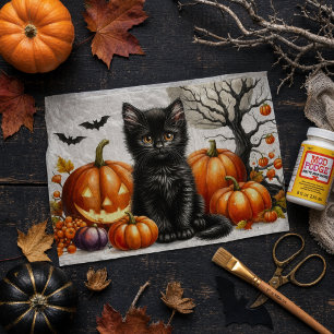 Halloween Cat with Pumpkins Decoupage Tissue Paper