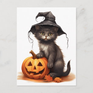 Halloween cat with pumpkins holiday postcard