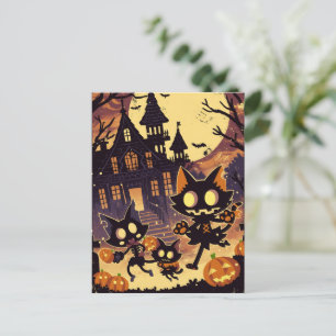 Halloween Cats by the Haunted House Holiday Postcard
