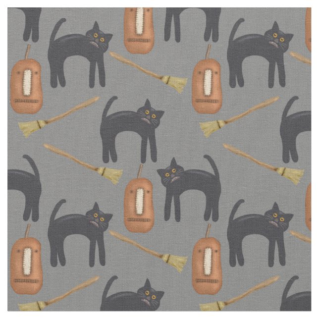 Halloween Cats, Grey Background, 56" Cotton Fabric (Close Up)