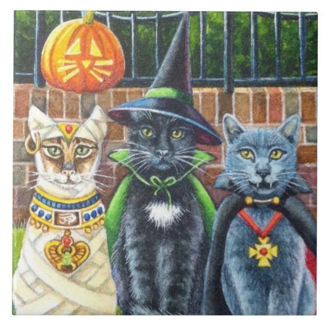 Halloween Cats in Costume Watercolor Art  Ceramic Tile (Front)