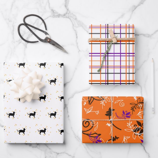 Halloween Cats, Plaids and Flowers  Wrapping Paper Sheet (Front)