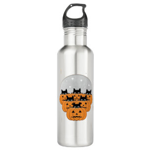 Halloween  Cats  Pumpkins  Black Background  Illus 710 Ml Water Bottle