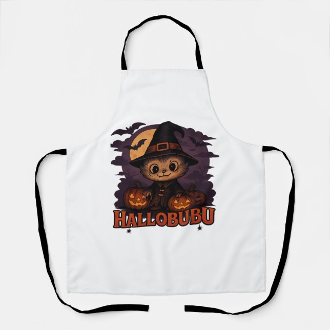 Halloween  Cats  Pumpkins  Black Background  Illus Apron (Front)