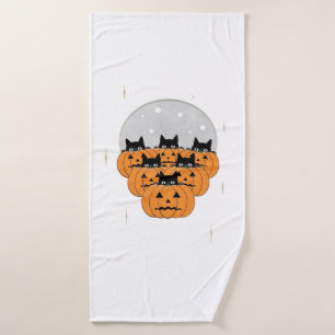 Halloween  Cats  Pumpkins  Black Background  Illus Bath Towel