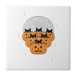 Halloween Cats Pumpkins Black Background Illus Ceramic Tile