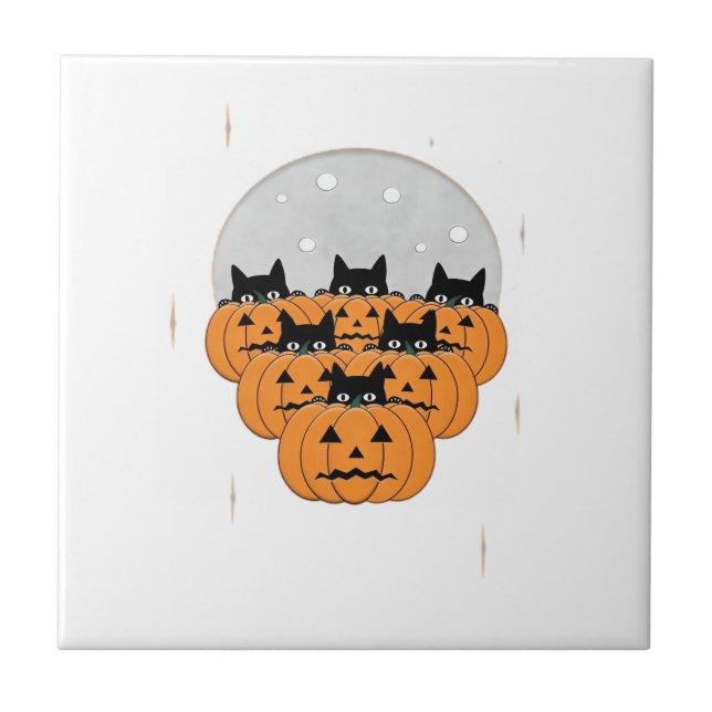 Halloween  Cats  Pumpkins  Black Background  Illus Ceramic Tile (Front)