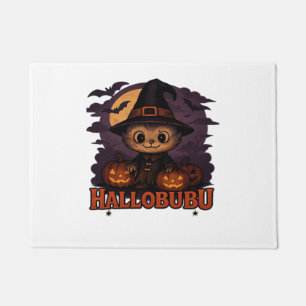 Halloween  Cats  Pumpkins  Black Background  Illus Doormat