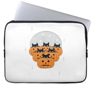 Halloween Cats Pumpkins Black Background Illus Laptop Sleeve