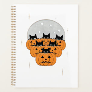 Halloween Cats Pumpkins Black Background Illus Planner
