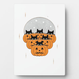 Halloween  Cats  Pumpkins  Black Background  Illus Plaque