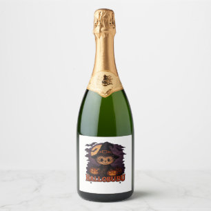 Halloween  Cats  Pumpkins  Black Background  Illus Sparkling Wine Label