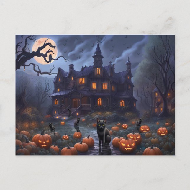 Halloween Cats Pumpkins Haunted House Holiday Postcard (Front)