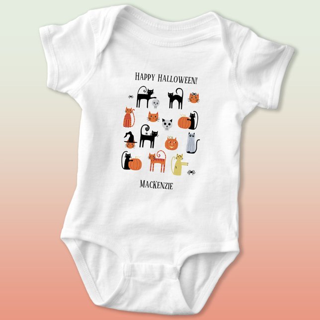 Halloween Cats Spooky Personalised Baby Bodysuit (Fun personalized custom name Halloween cats baby bodysuit)