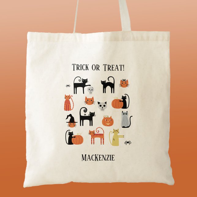 Halloween Cats Spooky Personalised Trick or Treat Tote Bag (Halloween Cat Trick or Treat budget tote bag)