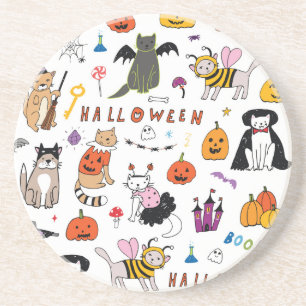 Halloween Cats Vintage Line Pattern Coaster