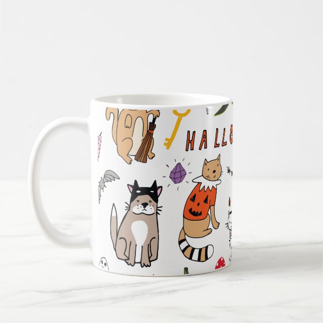 Halloween Cats Vintage Line Pattern Coffee Mug (Left)