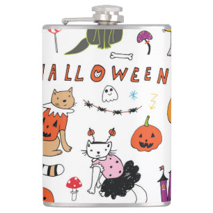 Halloween Cats Vintage Line Pattern Hip Flask