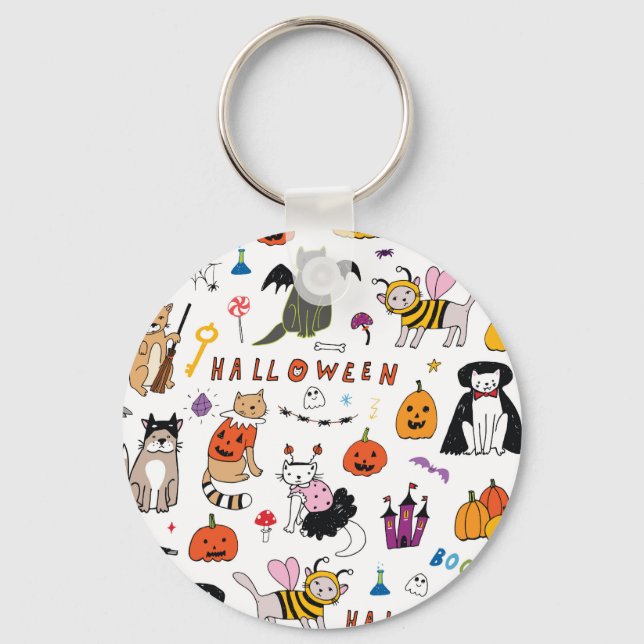 Halloween Cats Vintage Line Pattern Key Ring (Front)