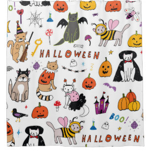 Halloween Cats Vintage Line Pattern Shower Curtain