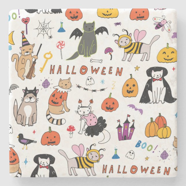 Halloween Cats Vintage Line Pattern Stone Coaster (Front)