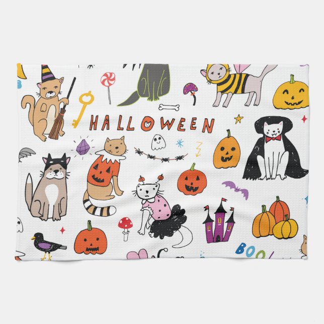 Halloween Cats Vintage Line Pattern Tea Towel (Horizontal)