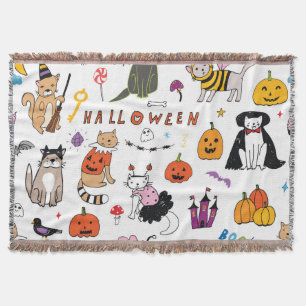 Halloween Cats Vintage Line Pattern Throw Blanket