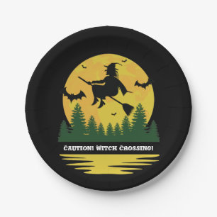 Halloween Caution Witch Crossing Flying Broomstick Paper Plate