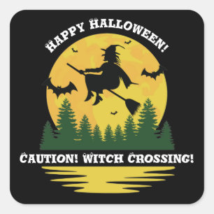 Halloween Caution Witch Crossing Flying Broomstick Square Sticker