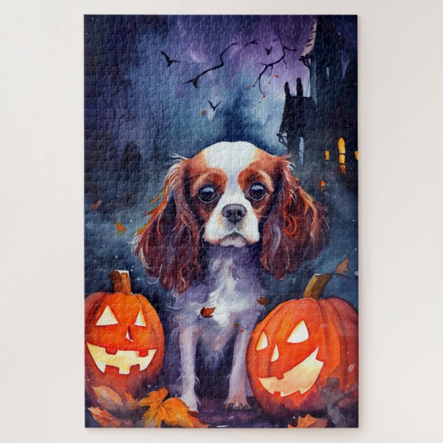Halloween Cavalier King Charles Spaniel Pumpkins Jigsaw Puzzle (Vertical)