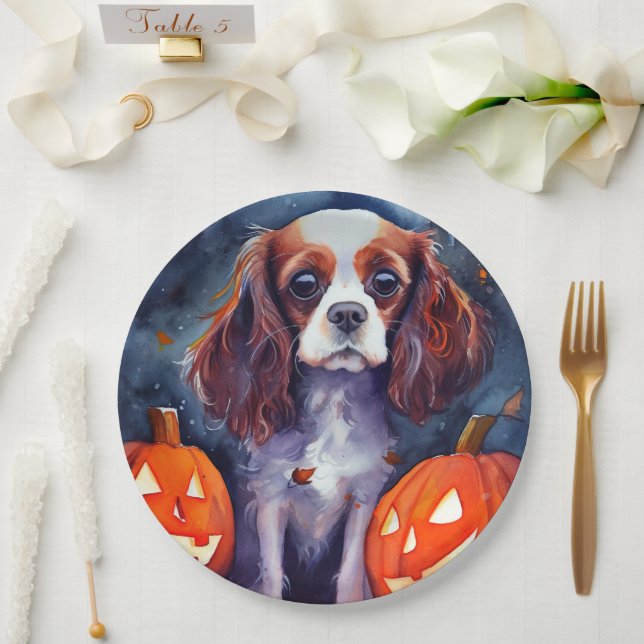 Halloween Cavalier King Charles Spaniel Pumpkins Paper Plate (Wedding)