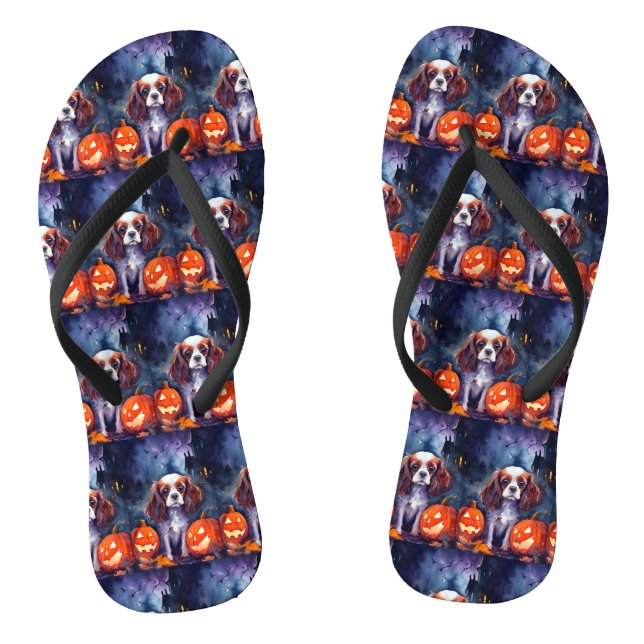 Halloween Cavalier King Charles Spaniel Pumpkins Thongs (Footbed)