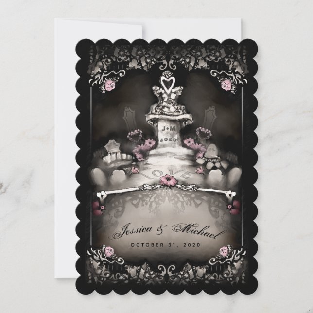 Halloween Cemetery Love Pink Floral Wedding Invite (Front)