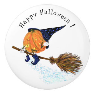 Halloween Ceramic Knob Witch Pumpkin Flying Broom