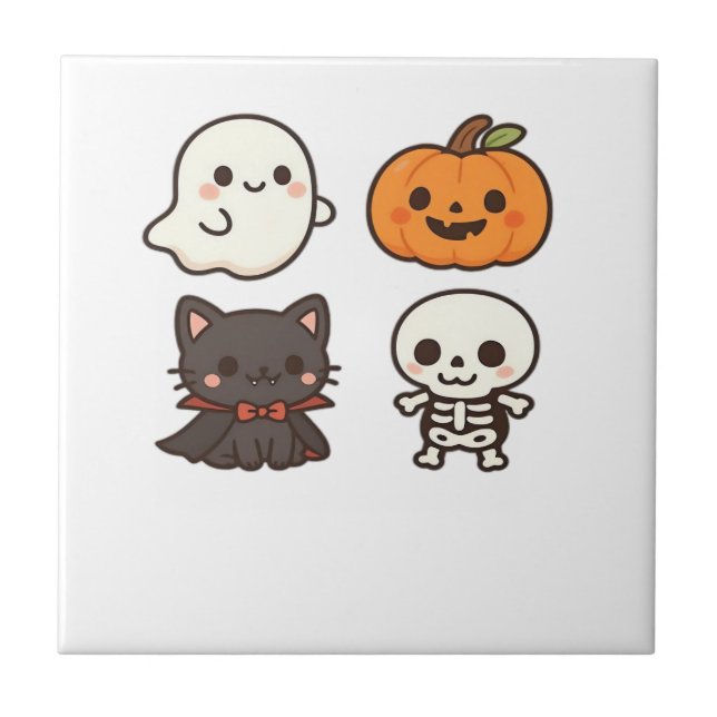 Halloween Characters – Ghost, Pumpkin, Black Cat & Ceramic Tile (Front)