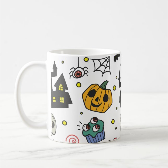Halloween Characters: Whimsical Seamless Pattern Coffee Mug (Left)