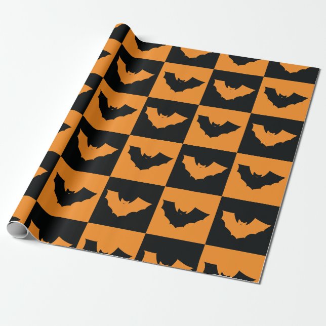 Halloween Checkers Pattern with Bats Wrapping Paper (Unrolled)