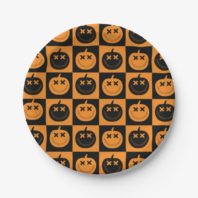 Halloween Checkers Pattern with Pumpkins Paper Plate (Front)