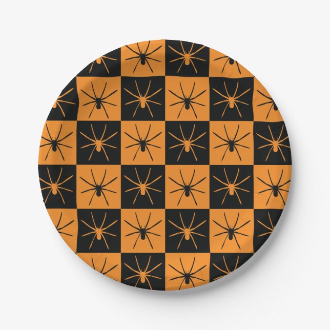 Halloween Checkers Pattern with Spiders Paper Plate (Front)
