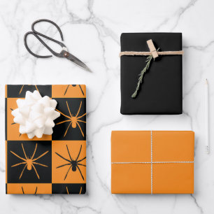Halloween Checkers Pattern with Spiders Wrapping Paper Sheet