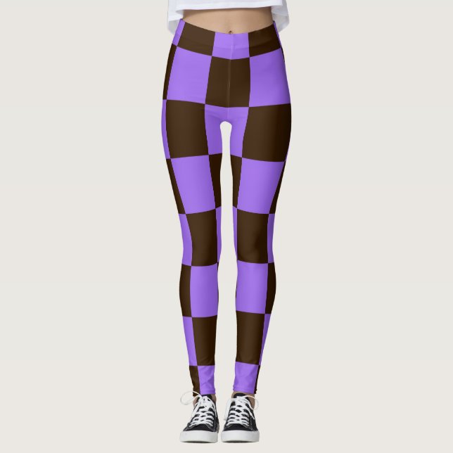 Halloween Chequered Black and Purple Pattern  Leggings (Front)