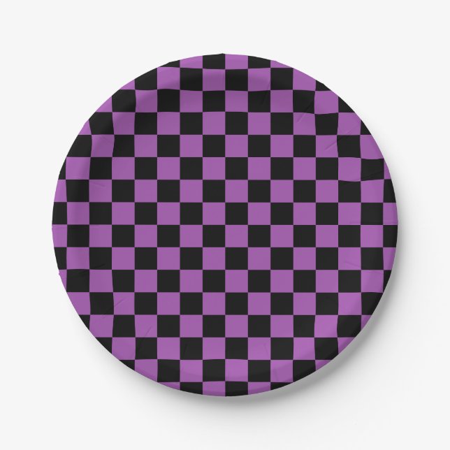 Halloween Chequered Purple and Black Check Pattern Paper Plate (Front)