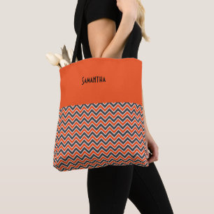 Halloween Chevron Bold Orange Black White Name Tote Bag
