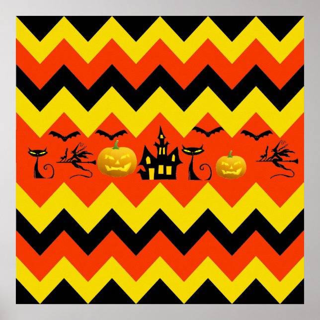 Halloween Chevron Haunted House Black Cat Pattern Poster (Front)