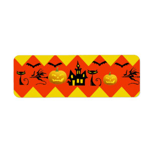 Halloween Chevron Haunted House Black Cat Pattern Return Address Label