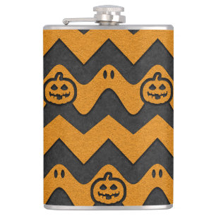 Halloween Chevron Pattern with Ghosts and Pumpkins Hip Flask