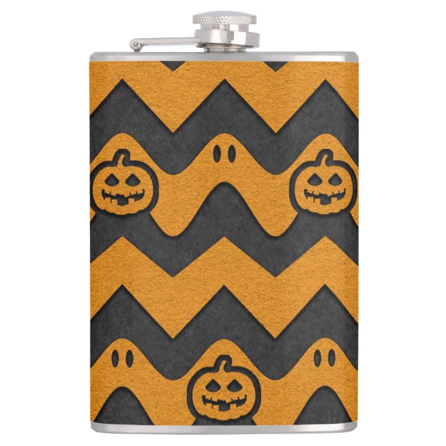 Halloween Chevron Pattern with Ghosts and Pumpkins Hip Flask (Front)
